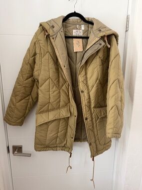 NWT Vintage Armani Jeans 1981 Quilted Puffer Parka Jacket Split Hood Khaki XS